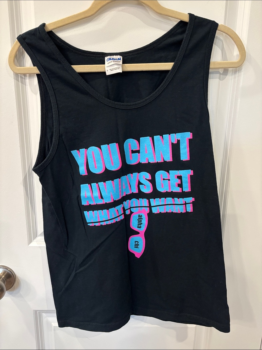 Alpha Chi Omega Gildan Black Tank Top with Blue and Pink Graphic Text
